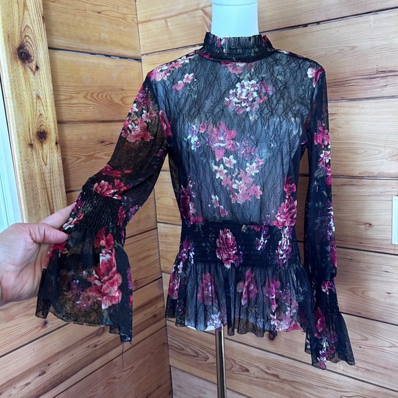 Tops - Floral Sheer Mesh Lace Blouse Large Black Mock Neck Smocked Whimsigoth Vamp Dark